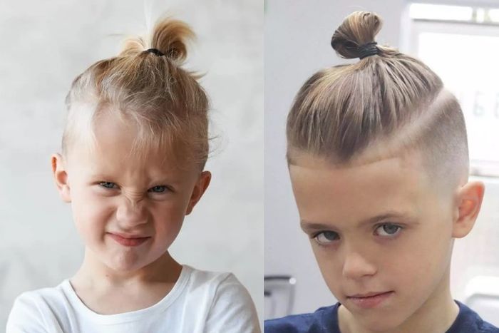 Kiểu tóc man bun buộc cao trên đỉnh đầu là lựa chọn tuyệt vời cho bé trai với khuôn mặt nhỏ dài