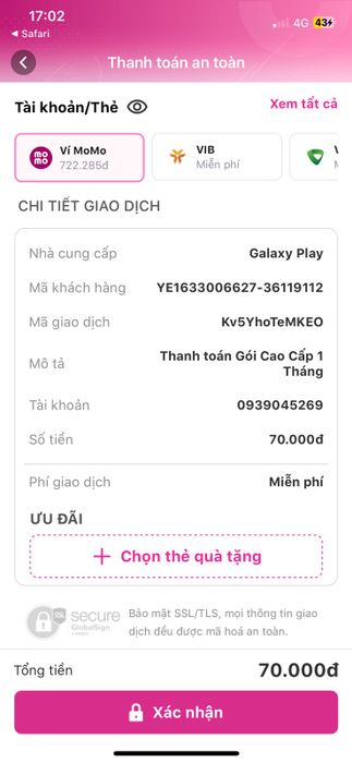 Bước 5: Xác nhận thanh toán và bạn sẽ có thể trải nghiệm Galaxy Play ngay lập tức.