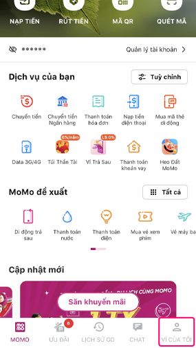 Bước 1: Truy cập vào trang chủ của ứng dụng MoMo và chọn mục “Ví của tôi”