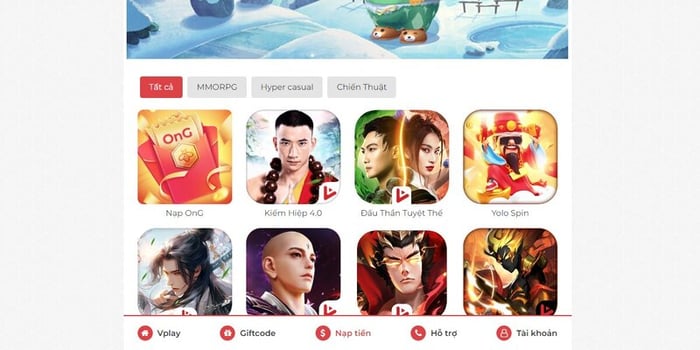 Bước 1: Truy cập vào trang web nạp thẻ nap.vplay.vn, đăng nhập bằng tài khoản VPlay Game, Facebook hoặc Google và chọn game Kiếm Hiệp 4.0;