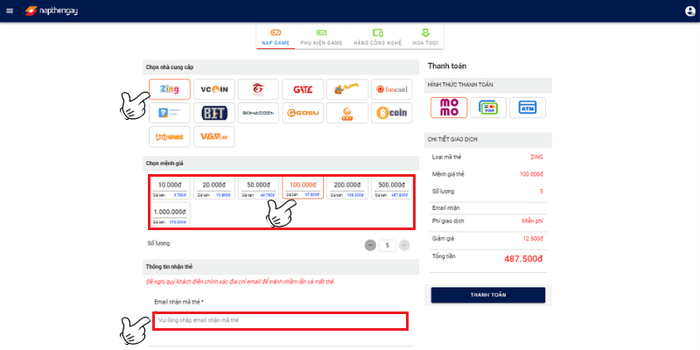 Bước 2: Chọn Mua thẻ Zing, chọn mệnh giá và số lượng thẻ, sau đó điền địa chỉ email để nhận mã thẻ
