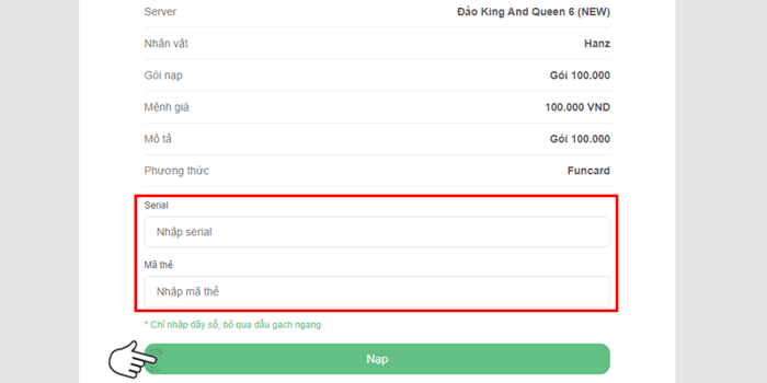 Bước 8: Nhập số seri, mã thẻ và tiến hành thanh toán để hoàn tất giao dịch.