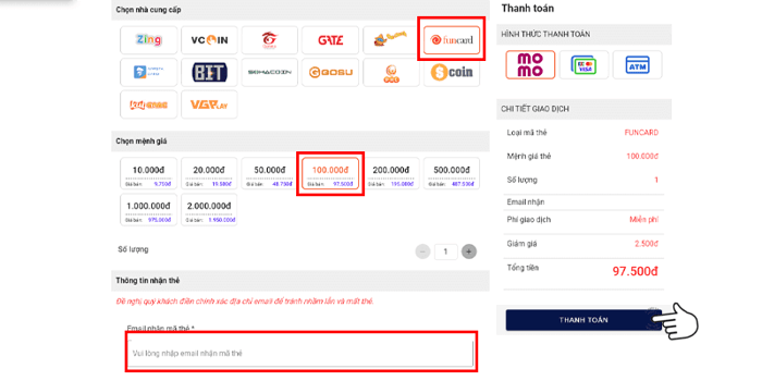 Bước 2: Chọn mệnh giá và số lượng thẻ bạn muốn mua, nhập địa chỉ email để nhận mã thẻ, sau đó nhấn thanh toán.