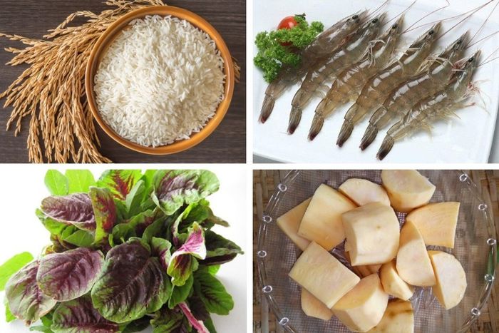 Nguyên liệu chuẩn bị cho món cháo tôm rau dền cho bé phối kết hợp với khoai lang bổ dưỡng