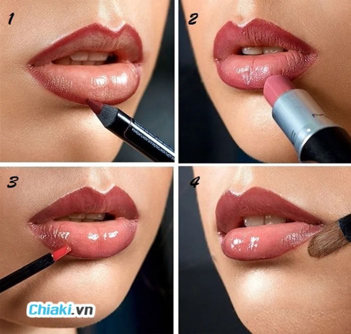 Tiếp tục tô son môi từ trung tâm ra ngoài, đảm bảo lớp son đều màu và không vượt quá viền môi.