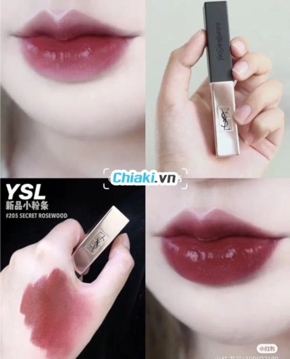 Son YSL 205 Rouge Pur Couture The Slim Glow Matte màu đỏ mận ánh cherry