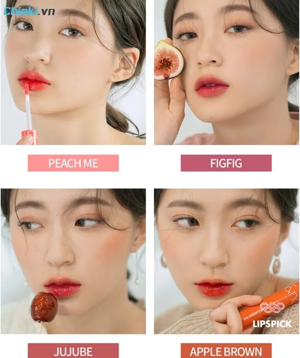 Bảng màu son Romand Juicy Lasting Tint trên môi