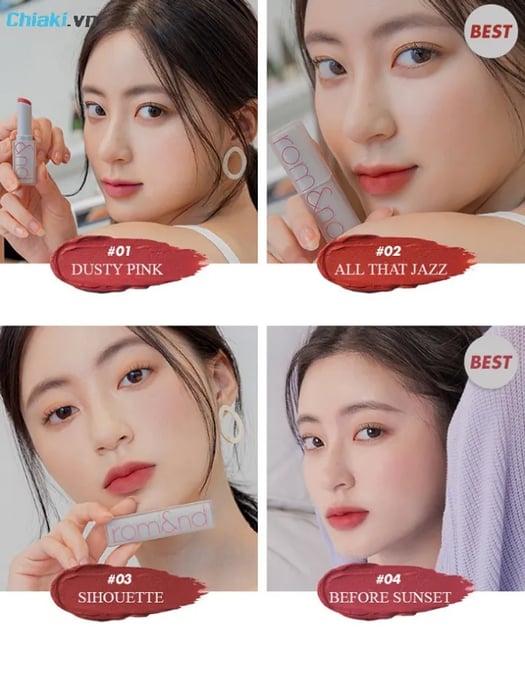 bảng màu son Romand Zero Matte Lipstick trên môi