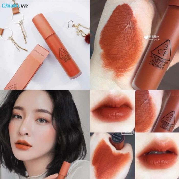 Son 3CE màu cam cháy Soft Lip Lacquer Màu Tawny Red