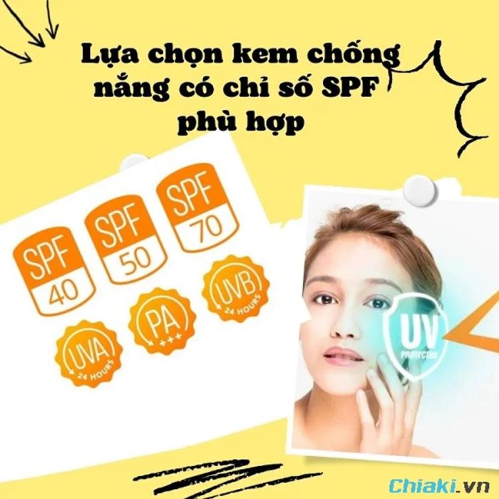 Chọn kem chống nắng có chỉ số SPF phù hợp để bảo vệ làn da khỏi tác động của tia UV.