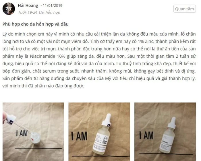 Review Serum trị mụn The Ordinary Niacinamide 10% + Zinc 1%