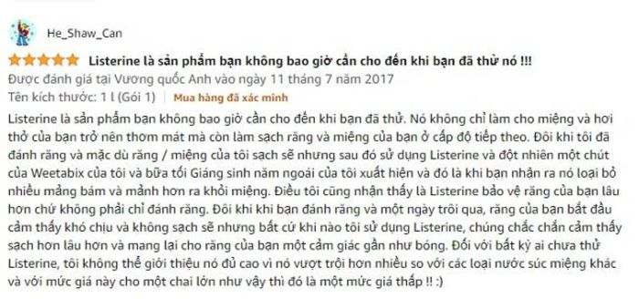 Sản phẩm nước súc miệng Listerine cũng được nhiều người dùng trên toàn thế giới đánh giá cao trên Amazon