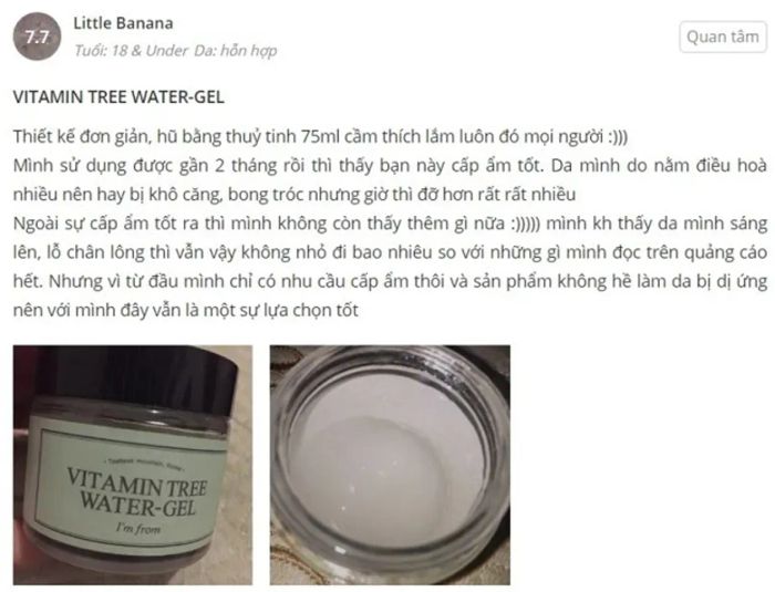 Nhận xét về kem dưỡng ẩm trắng da Vitamin Tree Water Gel từ người dùng