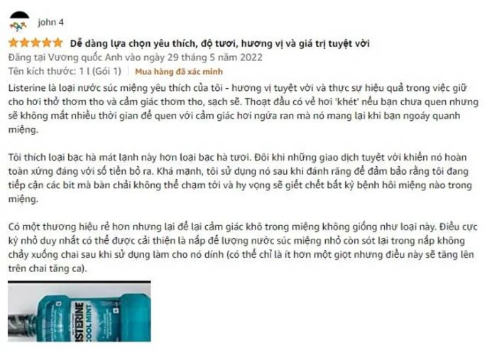 Sản phẩm nước súc miệng Listerine đã nhận được đánh giá 5 sao từ người dùng trên Amazon