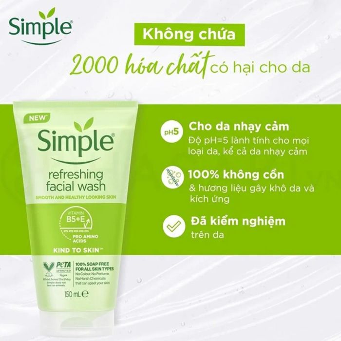 Sữa rửa mặt không tạo bọt cho da nhạy cảm Simple Refreshing Facial Wash