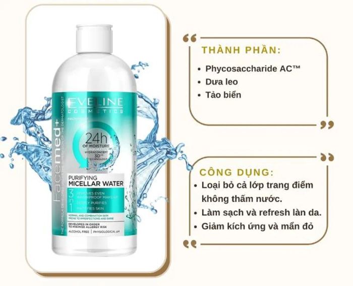 Nước tẩy trang dành cho da hỗn hợp thiên dầu Eveline Purifying Micellar Water kiểm soát dầu