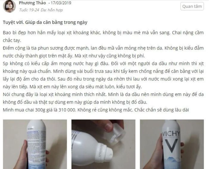 Phản hồi từ khách hàng về việc sử dụng xịt khoáng Vichy