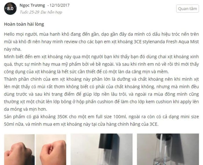 Phản hồi từ phía khách hàng sử dụng xịt khoáng 3CE