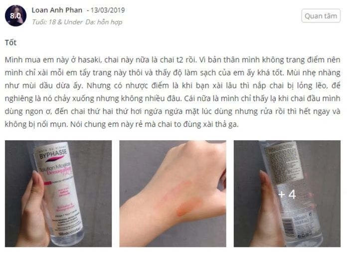 Phản hồi từ người dùng về việc sử dụng nước tẩy trang Byphasse