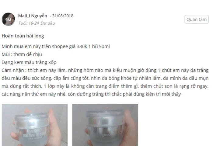 Phản hồi từ người dùng sau khi sử dụng kem premium snail tone up cream (2)