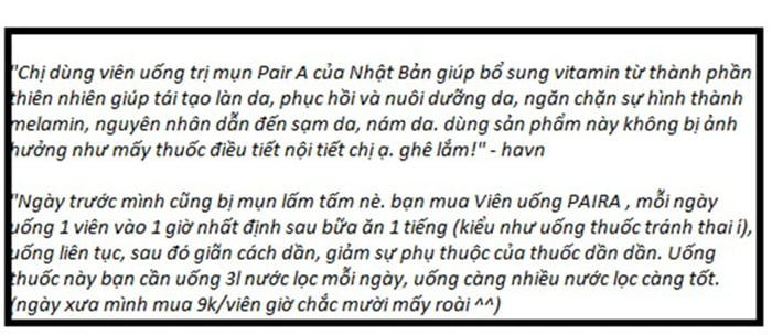 Phản hồi từ phía khách hàng sử dụng viên uống trị mụn Pair