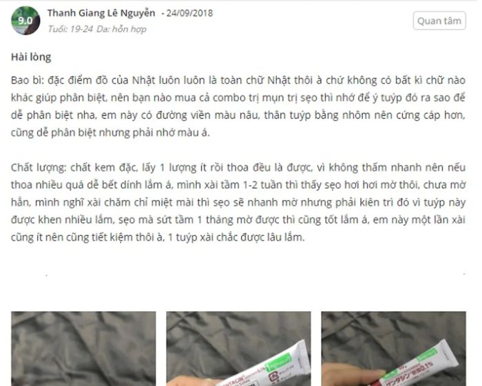 Phản hồi từ người dùng kem trị sẹo Gentacin Nhật Bản