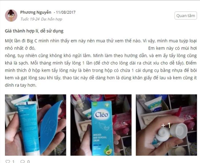 Phản hồi từ khách hàng sử dụng kem tẩy lông Cleo màu xanh 2