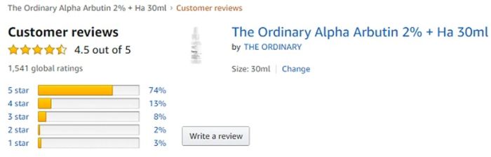 Nhận xét từ người dùng về serum The Ordinary Alpha Arbutin 2% + HA