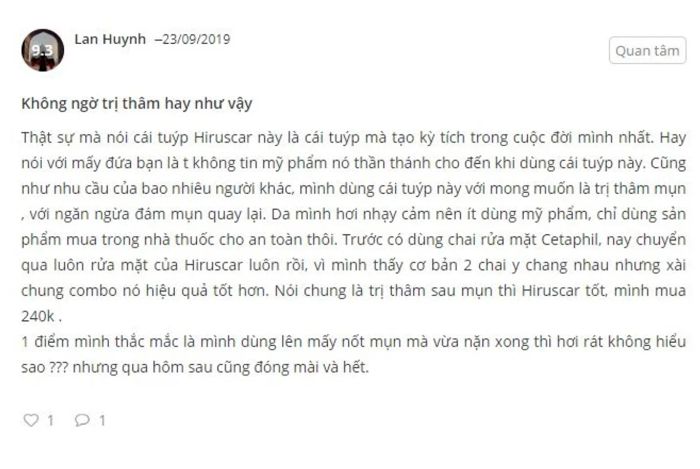 Đánh giá Hiruscar Post Acne từ khách hàng