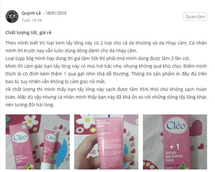 Phản hồi từ khách hàng sử dụng kem tẩy lông Cleo màu hồng 2