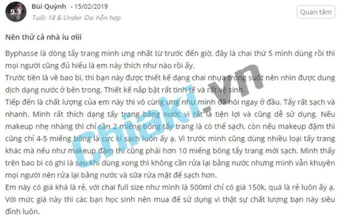 Phản hồi từ phía khách hàng sử dụng nước tẩy trang không cồn Byphasse