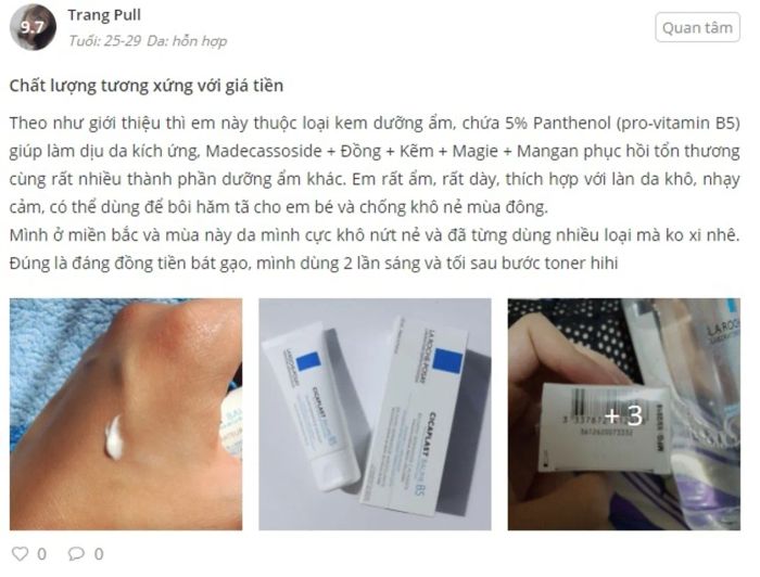 Đánh giá kem dưỡng ẩm La Roche-Posay B5 từ người dùng