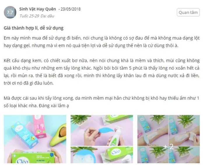 Phản hồi từ khách hàng sử dụng Lotion tẩy lông Cleo 1