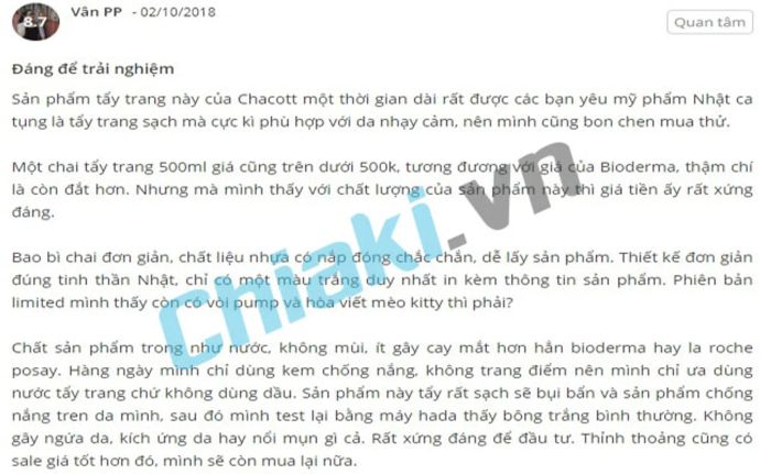 Đánh giá từ người dùng về nước tẩy trang Chacott