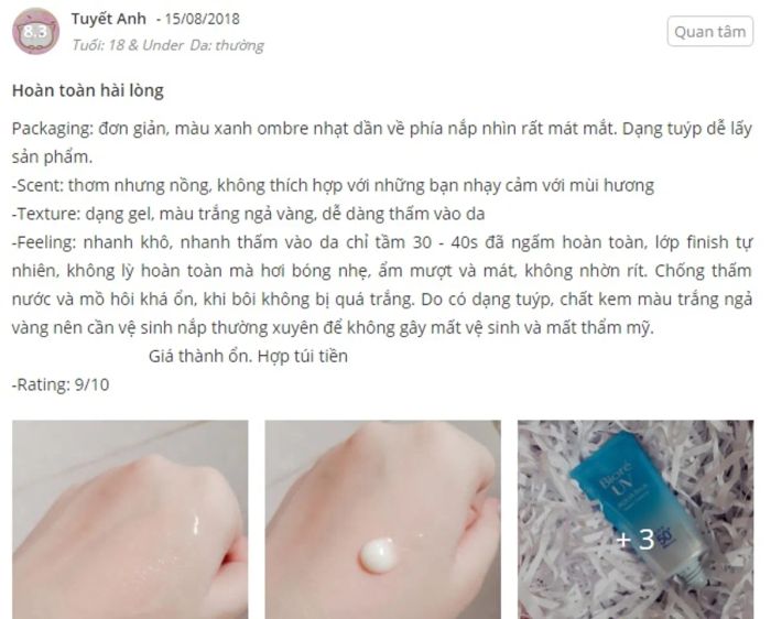 Phản hồi từ người dùng về kem chống nắng Biore