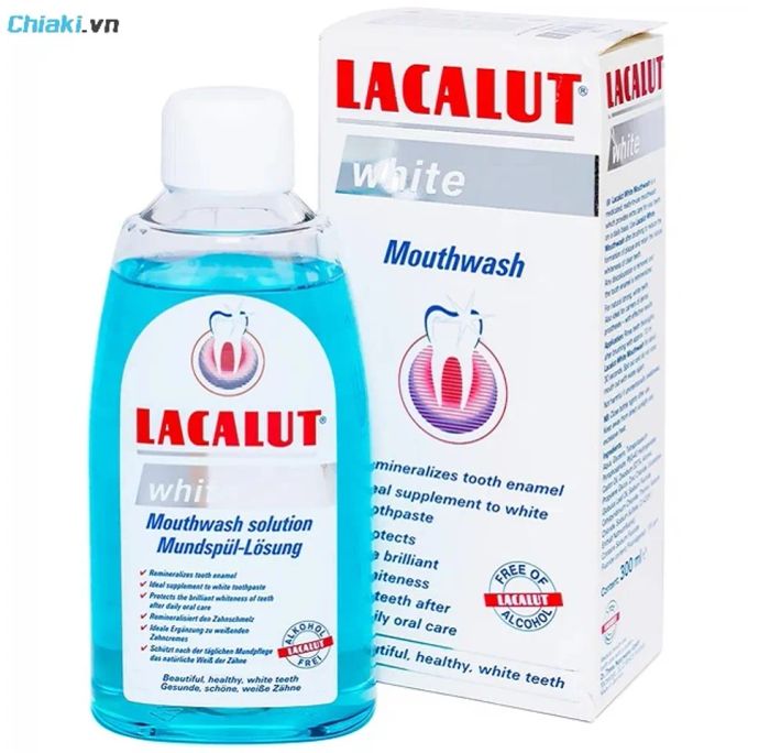 Nước súc miệng trắng răng Lacalut White Mouthwash loại bỏ ố vàng nhanh chóng và hiệu quả.