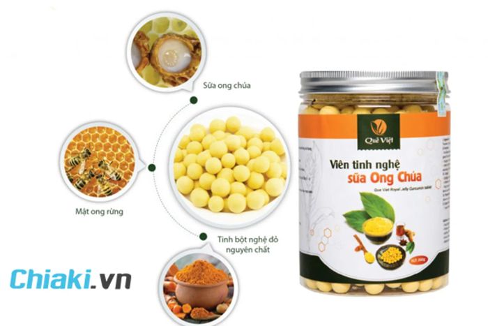 Viên tinh bột nghệ sữa ong chúa mật ong Quê Việt chứa 100% thành phần tự nhiên