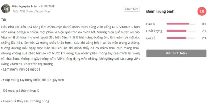 Phản hồi từ phía người dùng sử dụng viên uống vitamin E của DHC