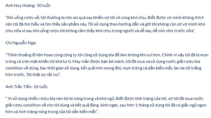 Phản hồi tích cực về nước giải rượu Condition Hàn Quốc từ những người dùng trước đó