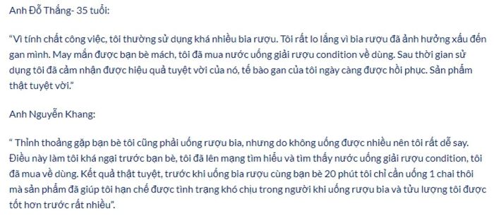 Nhận xét về nước giải rượu Condition Hàn Quốc từ những người dùng trước đó