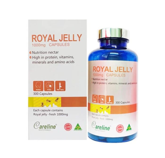 <span style='font-weight: 400; font-family: arial, helvetica, sans-serif; font-size: 12pt; color: #000000;'>Viên uống sữa ong chúa Royal Jelly Careline 1000mg từ Úc</span>