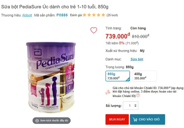 Giá sữa Pediasure bao nhiêu