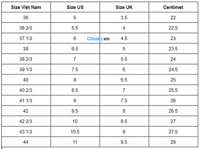 Chân 23cm đi giày size bao nhiêu?