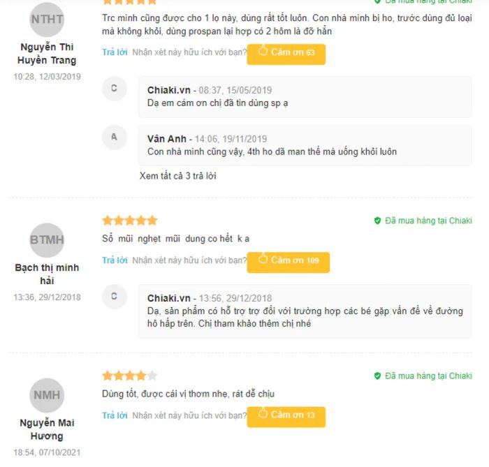 Đánh giá về sản phẩm thuốc ho Prospan Đức trên trang Mytour