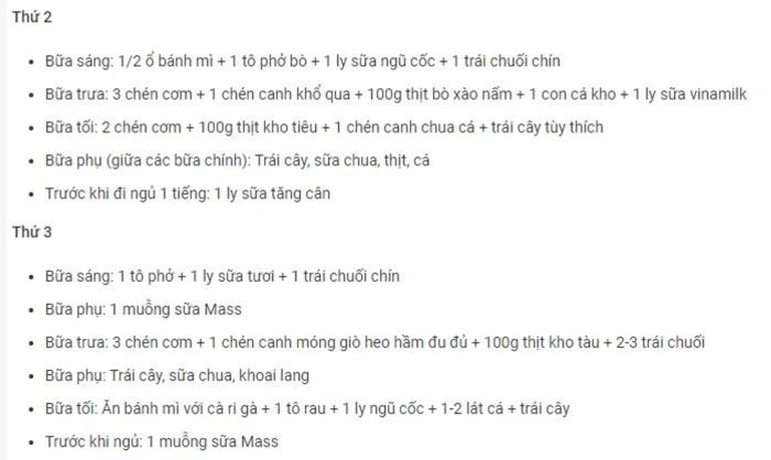 Gợi ý thực đơn ăn uống kết hợp với sữa tăng cân Premium Mass Gainer giúp tăng cân an toàn cho nam gầy tập Gym