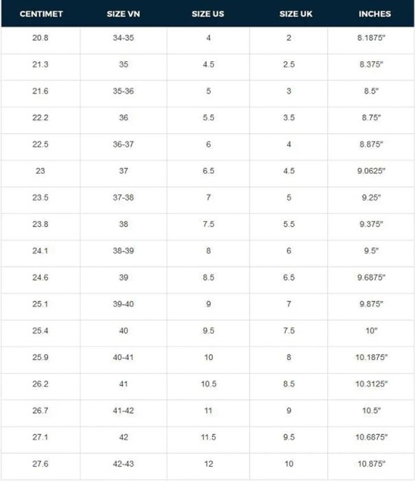 Bảng size dép MLB, size dép MLB Hàn Quốc, bảng size dép MLB Hàn Quốc, cách đo size dép MLB, chọn size dép MLB, size dép MLB