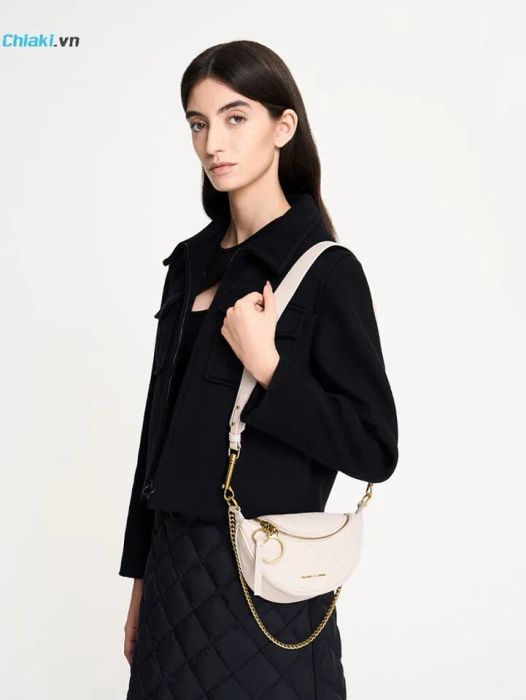 Túi Charles & Keith Philomena Wrinkled-Effect Half-Moon Crossbody Bag - Ivory