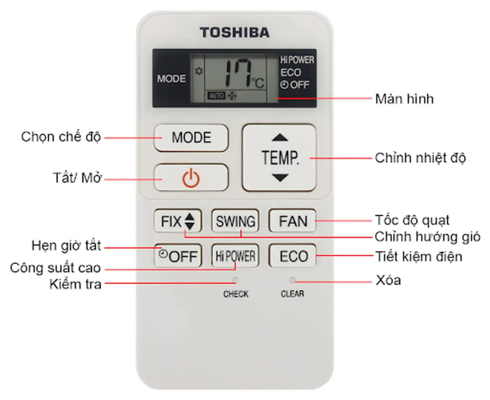 Dấu Hiệu Trên Remote Điều Khiển Điều Hòa Toshiba 9 Phím (Điều Hòa 1 Chiều)