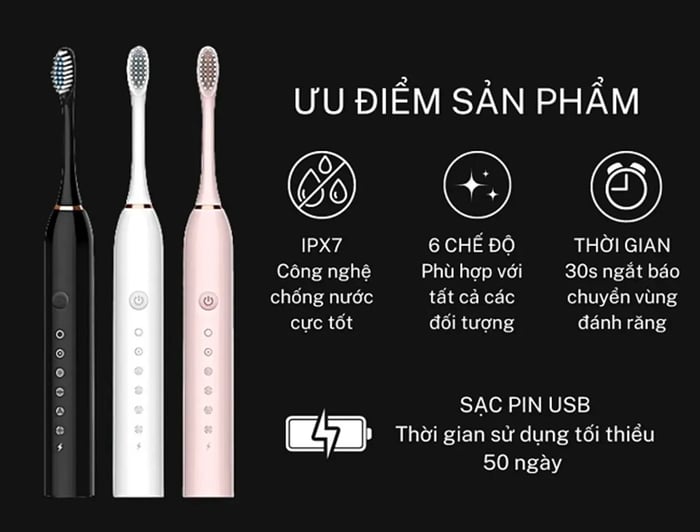 Bàn chải điện 6 chế độ Jiashi BCD01 kèm 4 đầu thay thế