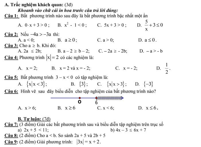 Bài kiểm tra 1 tiết môn Đại số lớp 8